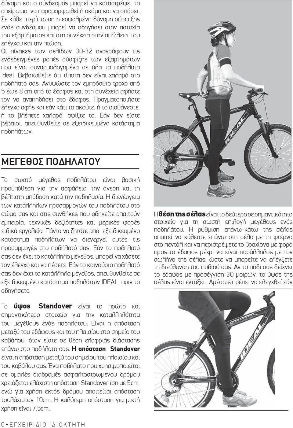 Οι πίνακες των σελίδων 30-32 αναγράφουν τις ενδεδειγμένες ροπές σύσφιξης των εξαρτημάτων που είναι συναρμολογημένα σε όλα τα ποδήλατα Ideal. Βεβαιωθείτε ότι τίποτα δεν είναι χαλαρό στο ποδήλατό σας.