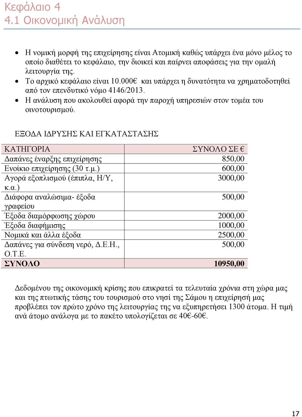 Το αρχικό κεφάλαιο είναι 10.000 και υπάρχει η δυνατότητα να χρηματοδοτηθεί από τον επενδυτικό νόμο 4146/2013. Η ανάλυση που ακολουθεί αφορά την παροχή υπηρεσιών στον τομέα του οινοτουρισμού.