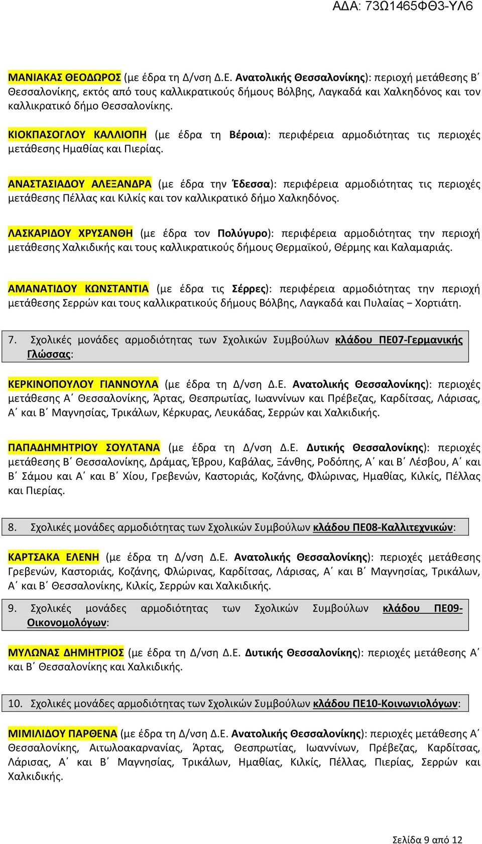 ΑΝΑΣΤΑΣΙΑΔΟΥ ΑΛΕΞΑΝΔΡΑ (με έδρα την Έδεσσα): περιφέρεια αρμοδιότητας τις περιοχές μετάθεσης Πέλλας και Κιλκίς και τον καλλικρατικό δήμο Χαλκηδόνος.