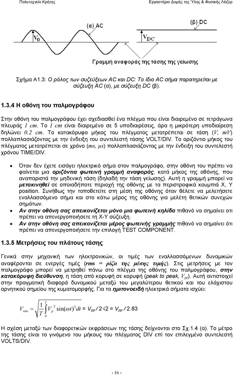 Το κατακόρυφο μήκος του πλέγματος μετατρέπεται σε τάση (V, mv) πολλαπλασιάζοντας με την ένδειξη του συντελεστή τάσης VOLT/DIV.