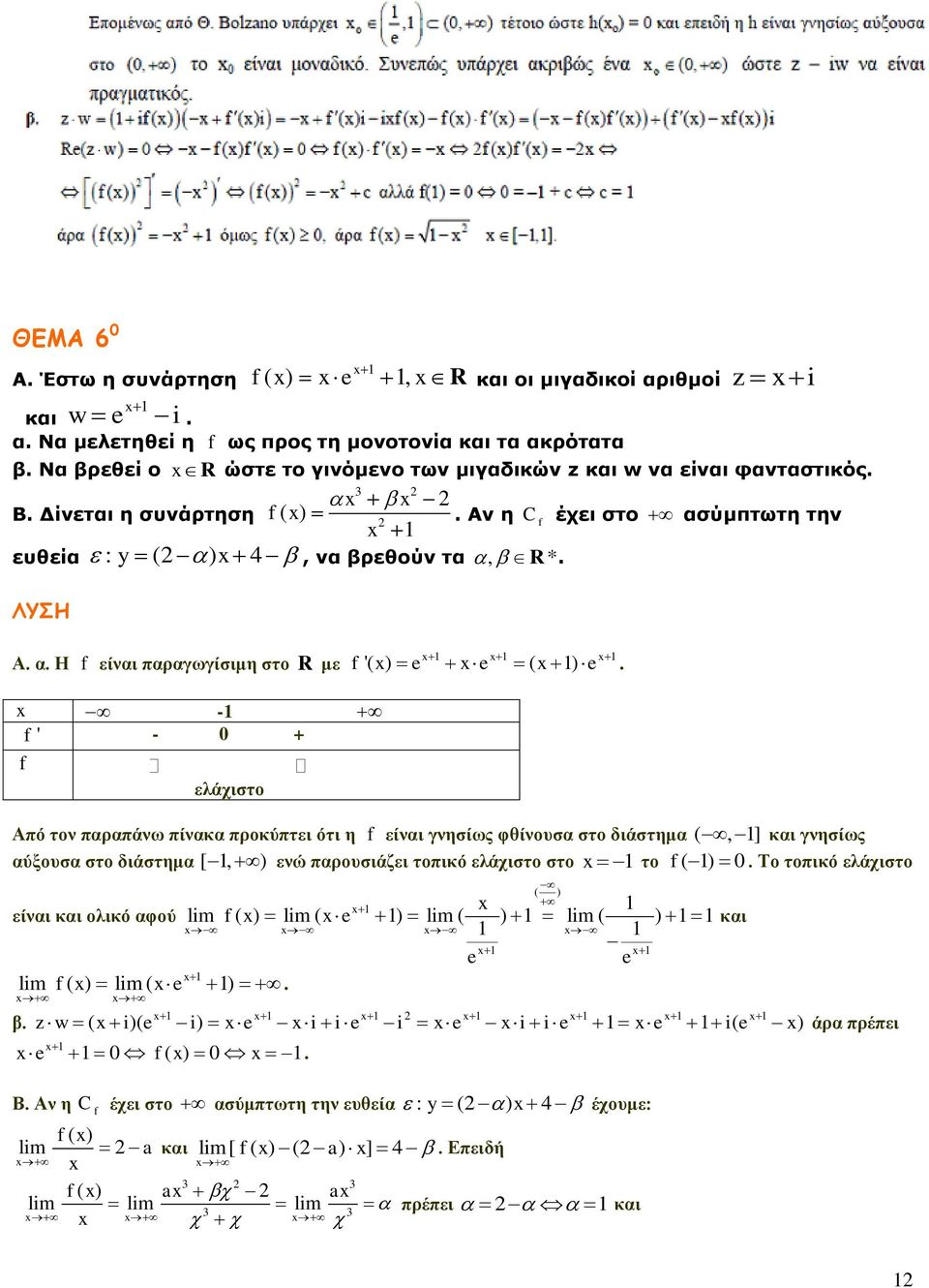 x - f ' - 0 + f ελάχιστο Από τον παραπάνω πίνακα προκύπτει ότι η f είναι γνησίως φθίνουσα στο διάστημα (, ] και γνησίως αύξουσα στο διάστημα [, ) ενώ παρουσιάζει τοπικό ελάχιστο στο x το f ( ) 0.