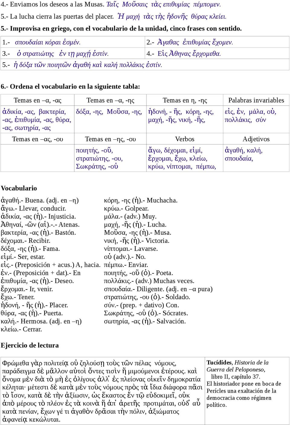 - Ordena el vocabulario en la siguiente tabla: Temas en α, -ας Temas en α, -ης Temas en η, -ης Palabras invariables ἀ δικία, -ας, βακτερία, -ας, ἐ πιθυμία, -ας, θύρα, -ας, σωτηρία, -ας δόξα, -ης,