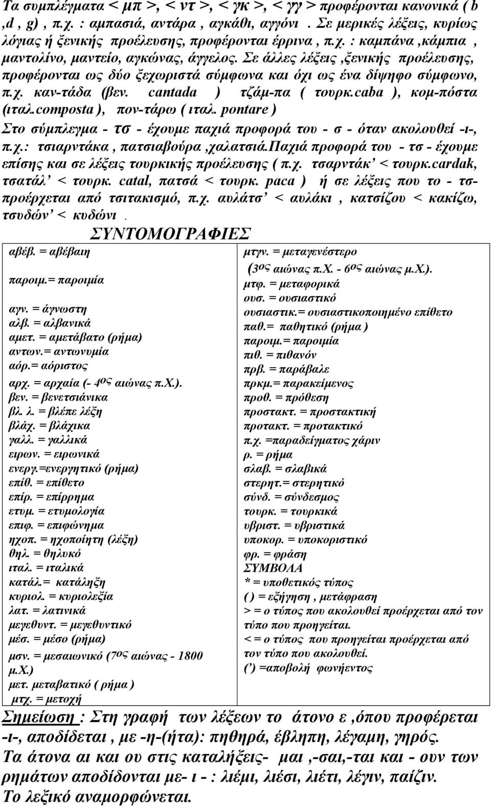 composta ), πον-τάρω ( ιταλ. pontare ) Στο σύμπλεγμα - τσ - έχουμε παχιά προφορά του - σ - όταν ακολουθεί -ι-, π.χ.: τσιαρντάκα, πατσιαβούρα,χαλατσιά.