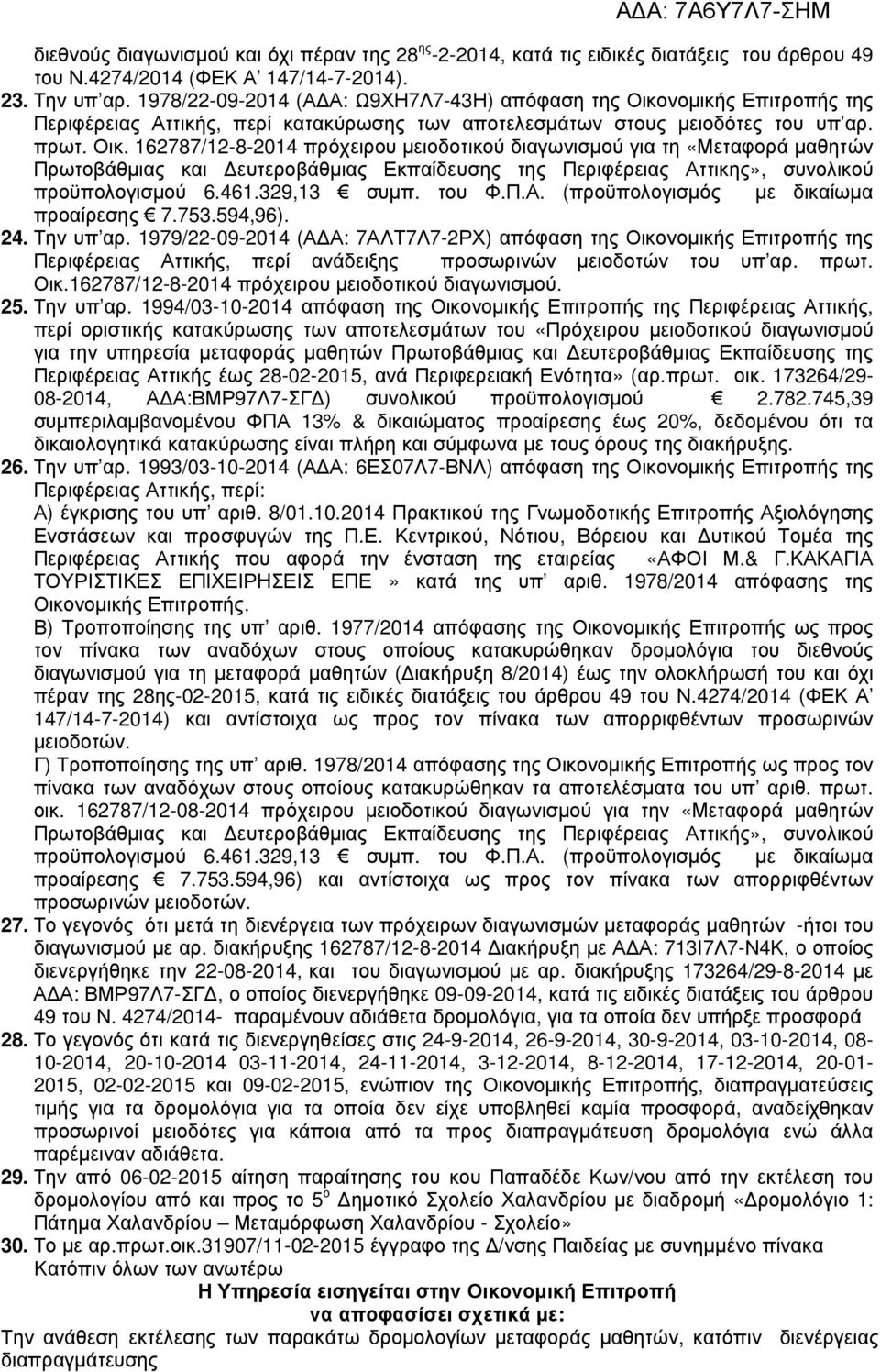 νοµικής Επιτροπής της Περιφέρειας Αττικής, περί κατακύρωσης των αποτελεσµάτων στους µειοδότες του υπ αρ. πρωτ. Οικ.
