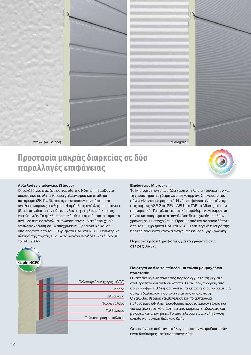 Η πρόσθετη ανάγλυφη επιφάνεια (Stucco) καθιστά την πόρτα ανθεκτική στη βρωμιά και στις γρατζουνιές. Το φύλλο πόρτας διαθέτει ομοιόμορφο ραμποτέ ανά 125 mm σε πάνελ και ενώσεις πάνελ.