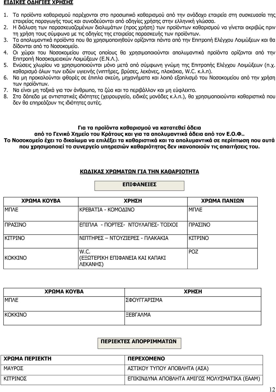 Η διάλυση των παρασκευαζομένων διαλυμάτων (προς χρήση) των προϊόντων καθαρισμού να γίνεται ακριβώς πριν τη χρήση τους σύμφωνα με τις οδηγίες της εταιρείας παρασκευής των προϊόντων. 3.