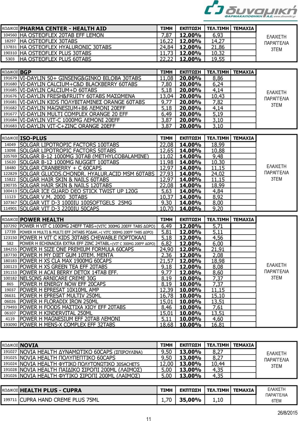 11,73 12,00% 10,32 5303 HA OSTEOFLEX PLUS 60TABS 22,22 12,00% 19,55 ΚΩΔΙΚΟΣ BGP ΤΙΜΗ ΕΚΠΤΩΣΗ ΤΕΛ.