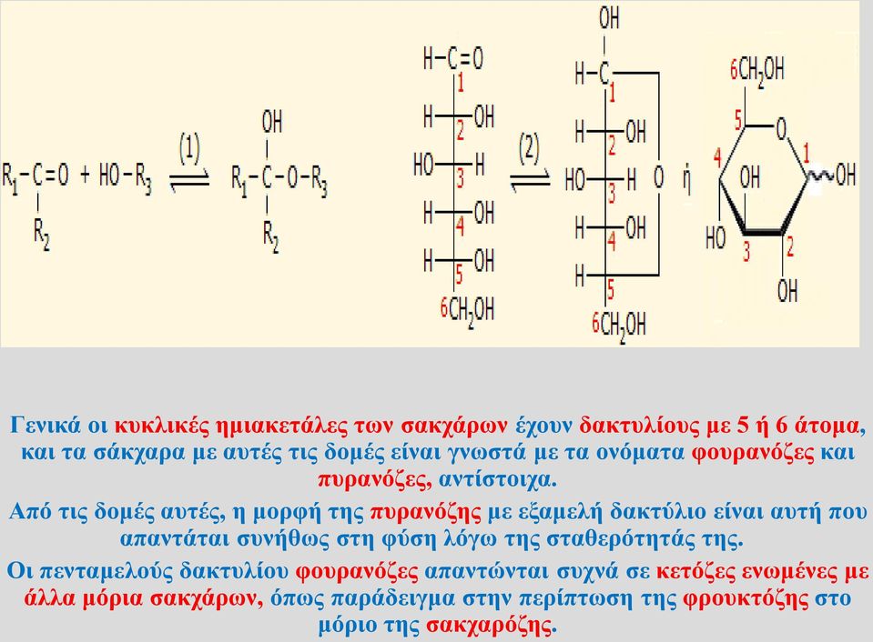 Από τις δομές αυτές, η μορφή της πυρανόζης με εξαμελή δακτύλιο είναι αυτή που απαντάται συνήθως στη φύση λόγω της