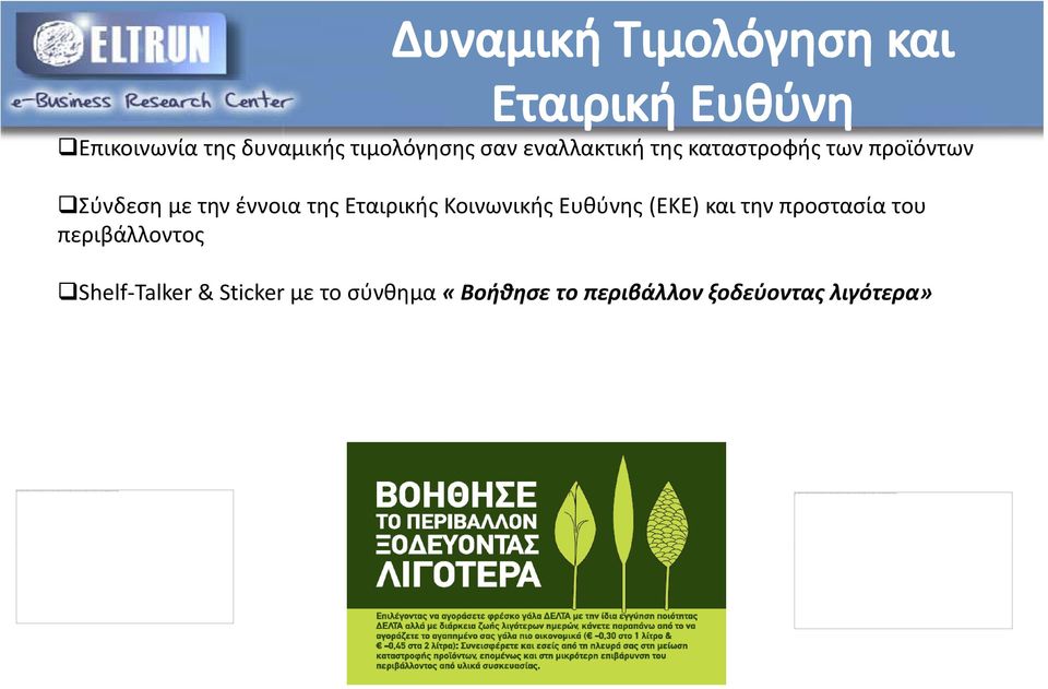 Επικοινωνία της δυναμικής τιμολόγησης σαν εναλλακτική της καταστροφής των προϊόντων Σύνδεση με την έννοια της Εταιρικής Κοινωνικής Ευθύνης (ΕΚΕ) και την προστασία του περιβάλλοντος Shelf Talker &