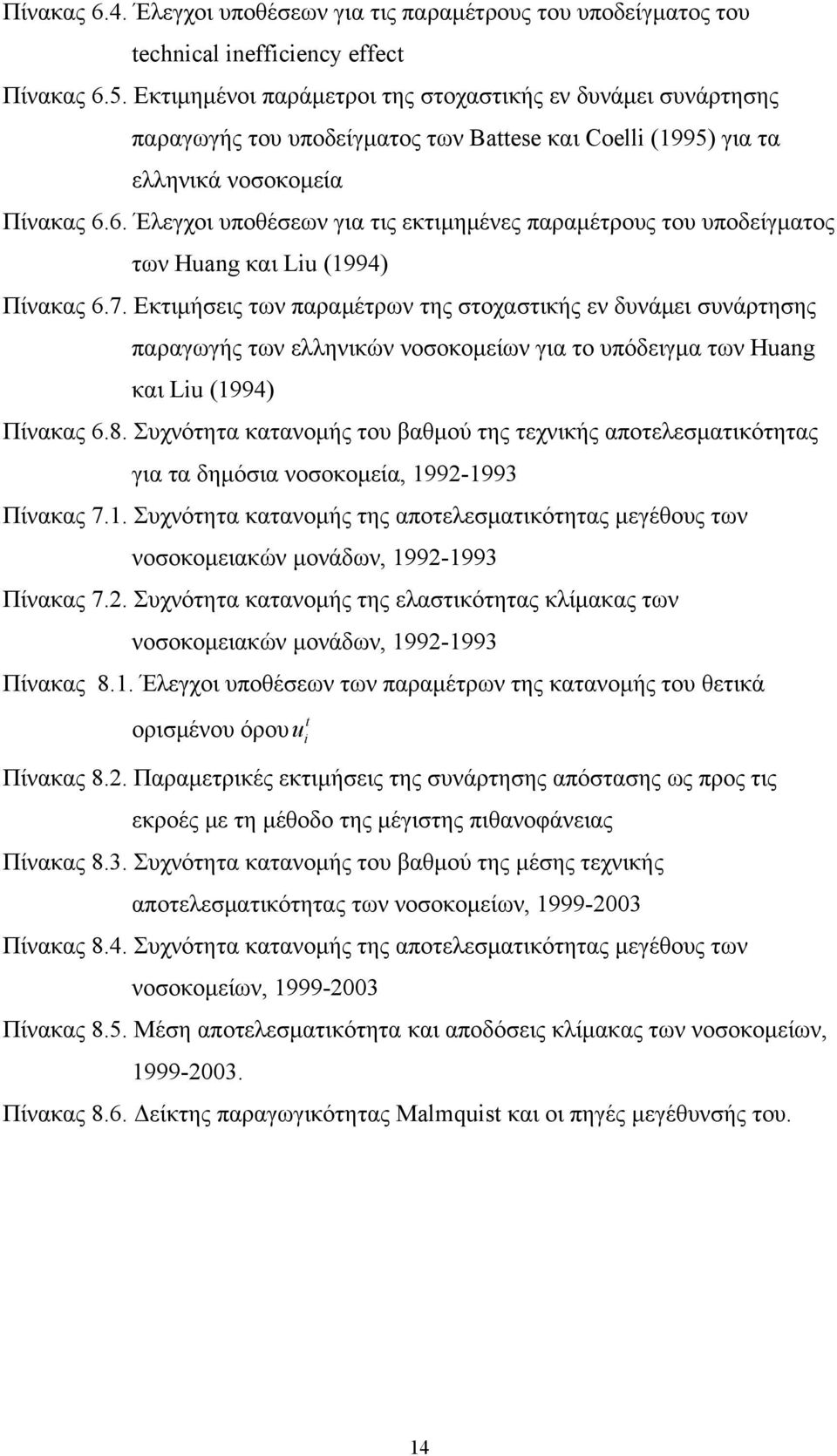 6. Έεγχοι υποθέσεων για τις εκτιμημένες παραμέτρους του υποείγματος των Huang και Lu (994 Πίνακας 6.7.