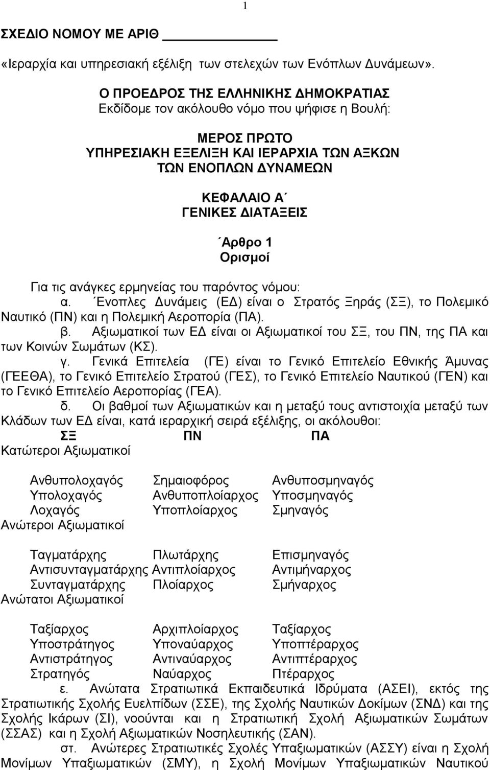 Ορισμοί Για τις ανάγκες ερμηνείας του παρόντος νόμου: α. Ενοπλες Δυνάμεις (ΕΔ) είναι ο Στρατός Ξηράς (ΣΞ), το Πολεμικό Ναυτικό (ΠΝ) και η Πολεμική Αεροπορία (ΠΑ). β.