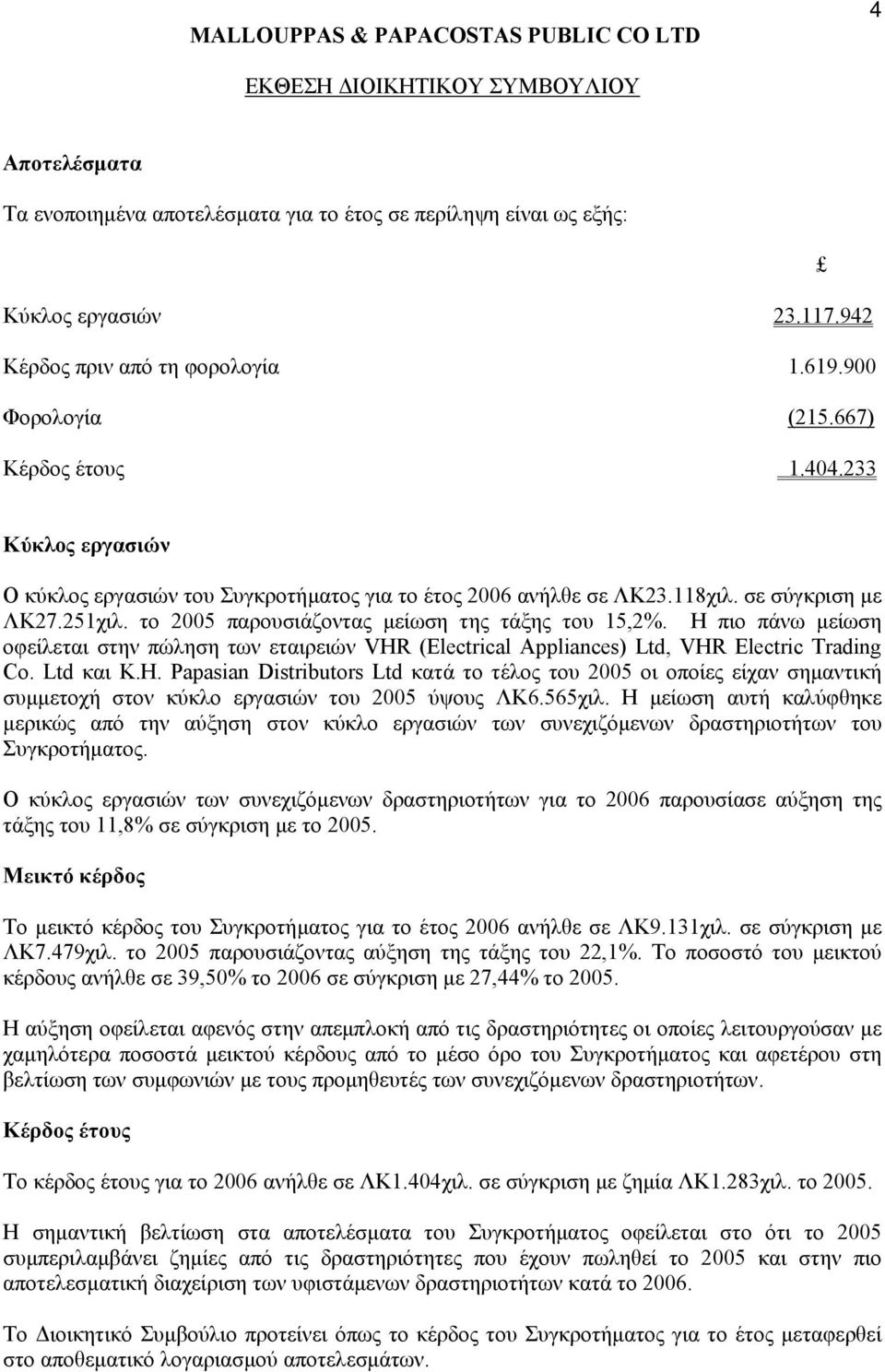 Η πιο πάνω µείωση οφείλεται στην πώληση των εταιρειών VHR (Electrical Appliances) Ltd, VHR Electric Trading Co. Ltd και K.H. Papasian Distributors Ltd κατά το τέλος του 2005 οι οποίες είχαν σηµαντική συµµετοχή στον κύκλο εργασιών του 2005 ύψους ΛΚ6.