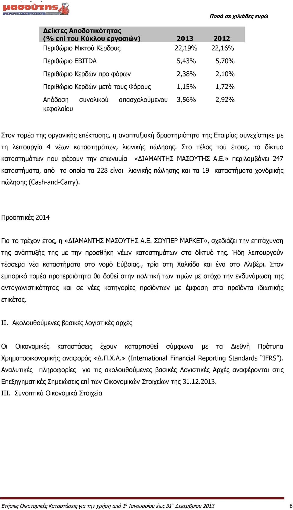 καταστημάτων, λιανικής πώλησης. Στο τέλος του έτους, το δίκτυο καταστημάτων που φέρουν την επωνυμία «ΔΙΑΜΑΝΤΗΣ ΜΑΣΟΥΤΗΣ Α.Ε.