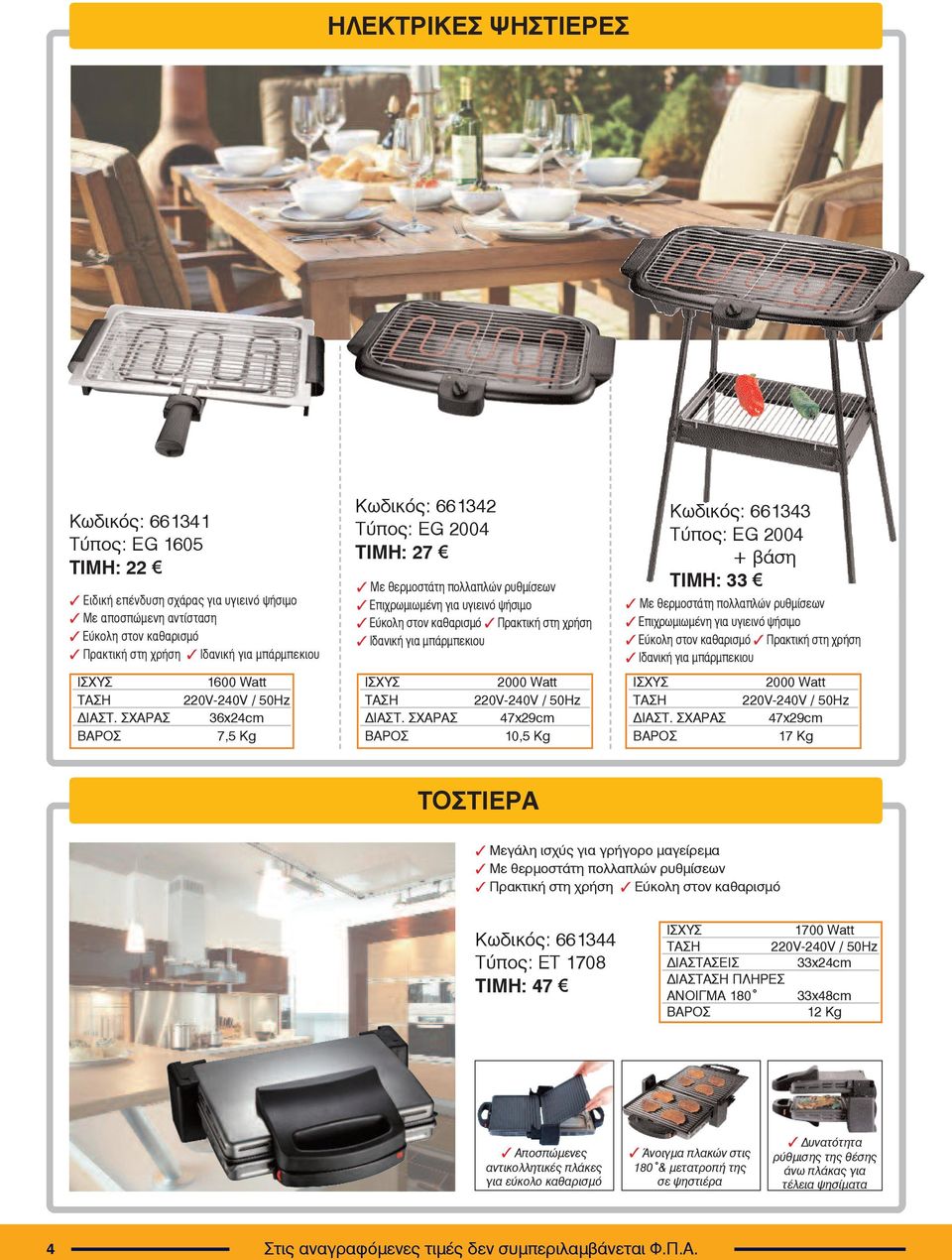 ΣΧΑΡΑΣ ÂÁÑÏÓ 1600 Watt 220V-240V / 50Hz 36x24cm 7,5 Kg Κωδικός: 661342 Τύπος: EG 2004 ΤΙΜΗ: 27 Με θερμοστάτη πολλαπλών ρυθμίσεων Επιχρωμιωμένη για υγιεινό ψήσιμο Εύκολη στον καθαρισμό Πρακτική στη