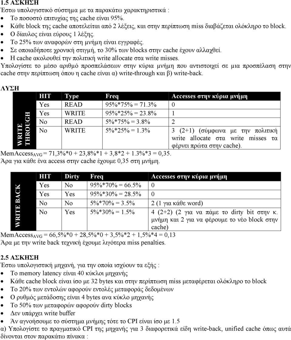 Σε οποιαδήποτε χρονική στιγµή, το 30% των blocks στην cache έχουν αλλαχθεί. Η cache ακολουθεί την πολιτική write allocate στα write misses.