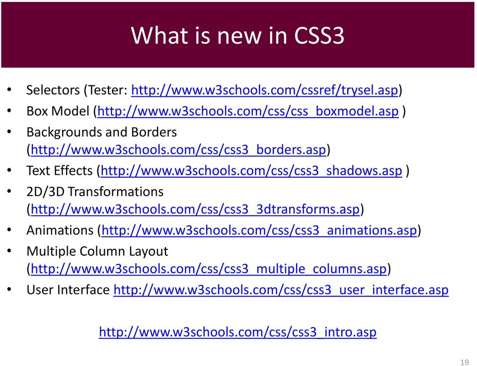 asp ) 2D/3D Transformations (http://www.w3schools.com/css/css3_3dtransforms.asp) Animations (http://www.w3schools.com/css/css3_animations.