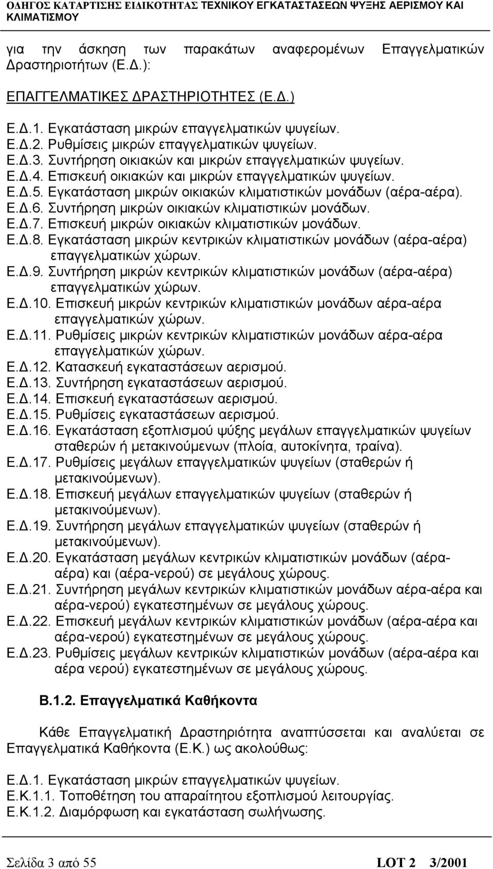 Εγκατάσταση μικρών οικιακών κλιματιστικών μονάδων (αέρα-αέρα). Ε.Δ.6. Συντήρηση μικρών οικιακών κλιματιστικών μονάδων. Ε.Δ.7. Επισκευή μικρών οικιακών κλιματιστικών μονάδων. Ε.Δ.8.