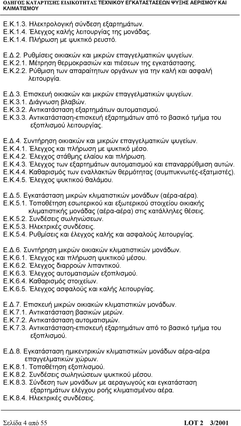 Ε.Κ.3.3. Αντικατάσταση-επισκευή εξαρτημάτων από το βασικό τμήμα του εξοπλισμού λειτουργίας. Ε.Δ.4. Συντήρηση οικιακών και μικρών επαγγελματικών ψυγείων. Ε.Κ.4.1. Έλεγχος και πλήρωση με ψυκτικό μέσο.