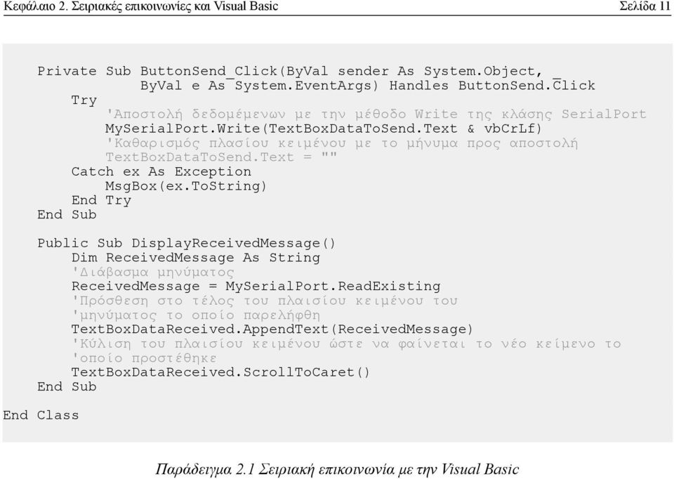 Text = "" Catch ex As Exception MsgBox(ex.ToString) End Try Public Sub DisplayReceivedMessage() Dim ReceivedMessage As String 'Διάβασμα μηνύματος ReceivedMessage = MySerialPort.