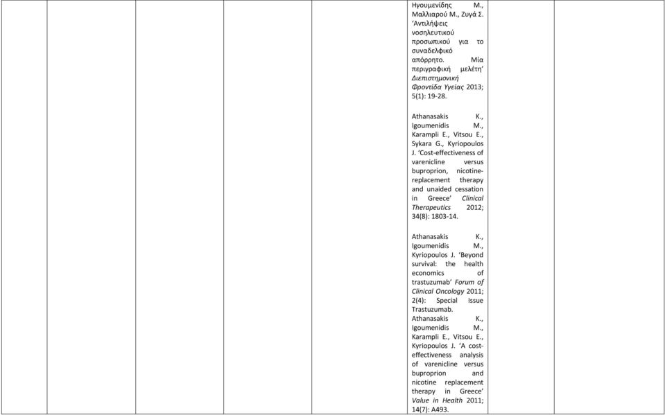 Cost-effectiveness of varenicline versus buproprion, nicotinereplacement therapy and unaided cessation in Greece Clinical Therapeutics 2012; 34(8): 1803-14. Athanasakis K., Igoumenidis M.