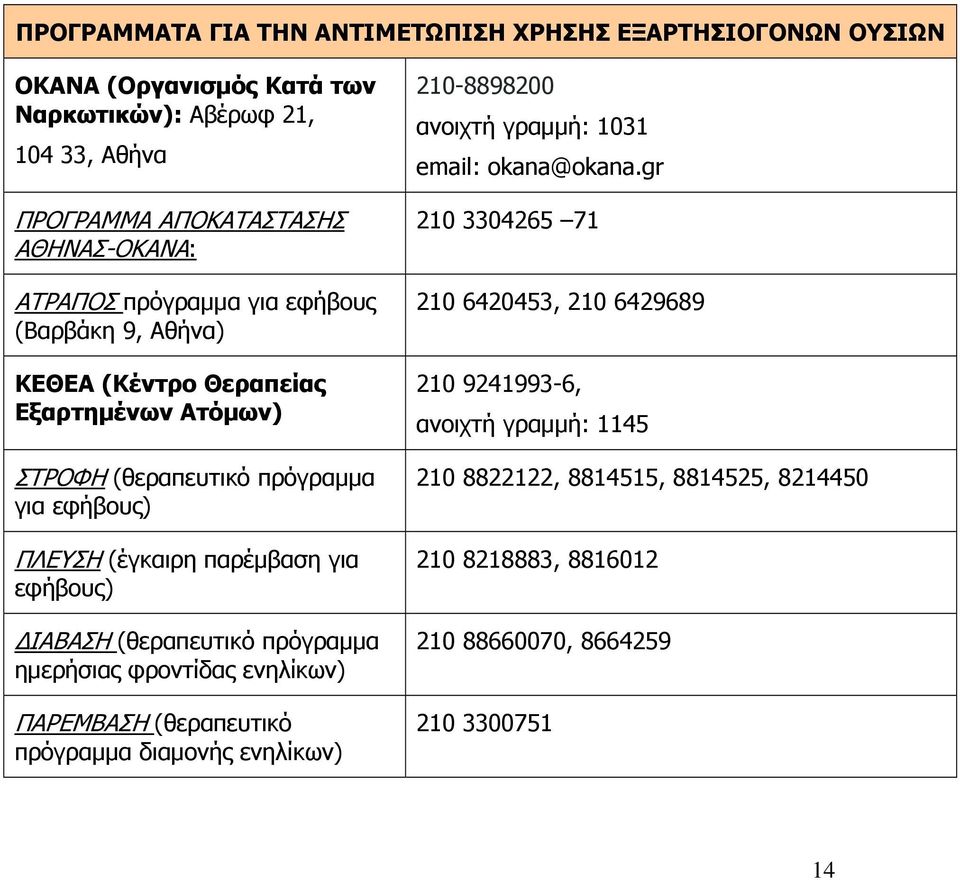 εφήβους) ΔΙΑΒΑΣΗ (θεραπευτικό πρόγραμμα ημερήσιας φροντίδας ενηλίκων) ΠΑΡΕΜΒΑΣΗ (θεραπευτικό πρόγραμμα διαμονής ενηλίκων) 210-8898200 ανοιχτή γραμμή: 1031 email: