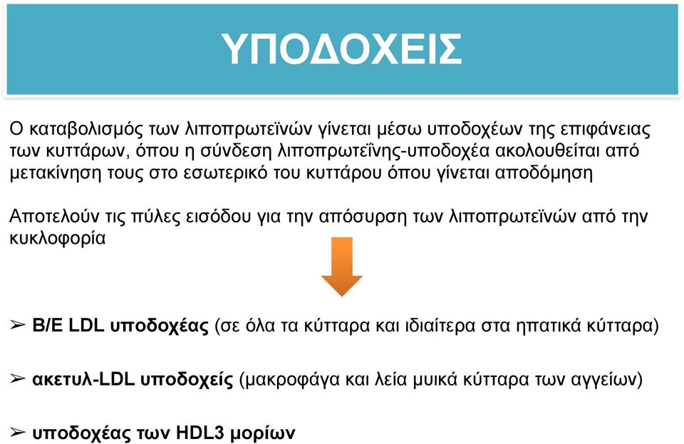 τις πύλες εισόδου για την απόσυρση των λιποπρωτεϊνών από την κυκλοφορία Β/Ε LDL υποδοχέας (σε όλα τα κύτταρα και