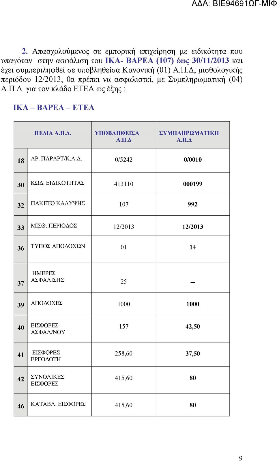 Π.Δ 18 ΑΡ. ΠΑΡΑΡΤ/Κ.Α.Δ. 0/5242 0/0010 30 ΚΩΔ. ΕΙΔΙΚΟΤΗΤΑΣ 413110 000199 32 ΠΑΚΕΤΟ ΚΑΛΥΨΗΣ 107 992 33 ΜΙΣΘ.