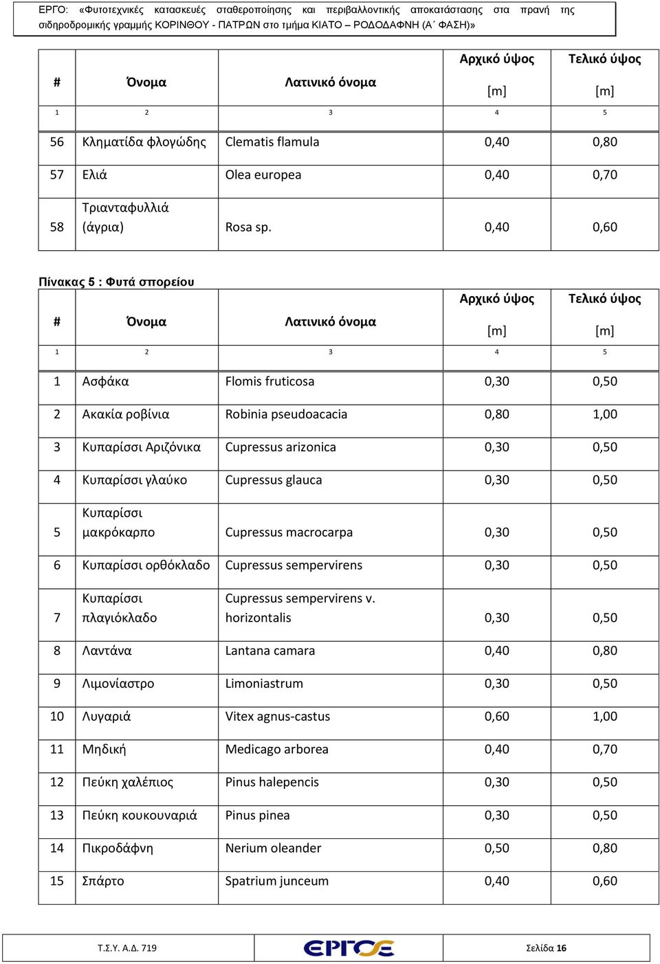 Αριζόνικα Cupressus arizonica 0,30 0,50 4 Κυπαρίσσι γλαύκο Cupressus glauca 0,30 0,50 5 Κυπαρίσσι μακρόκαρπο Cupressus macrocarpa 0,30 0,50 6 Κυπαρίσσι ορθόκλαδο Cupressus sempervirens 0,30 0,50 7