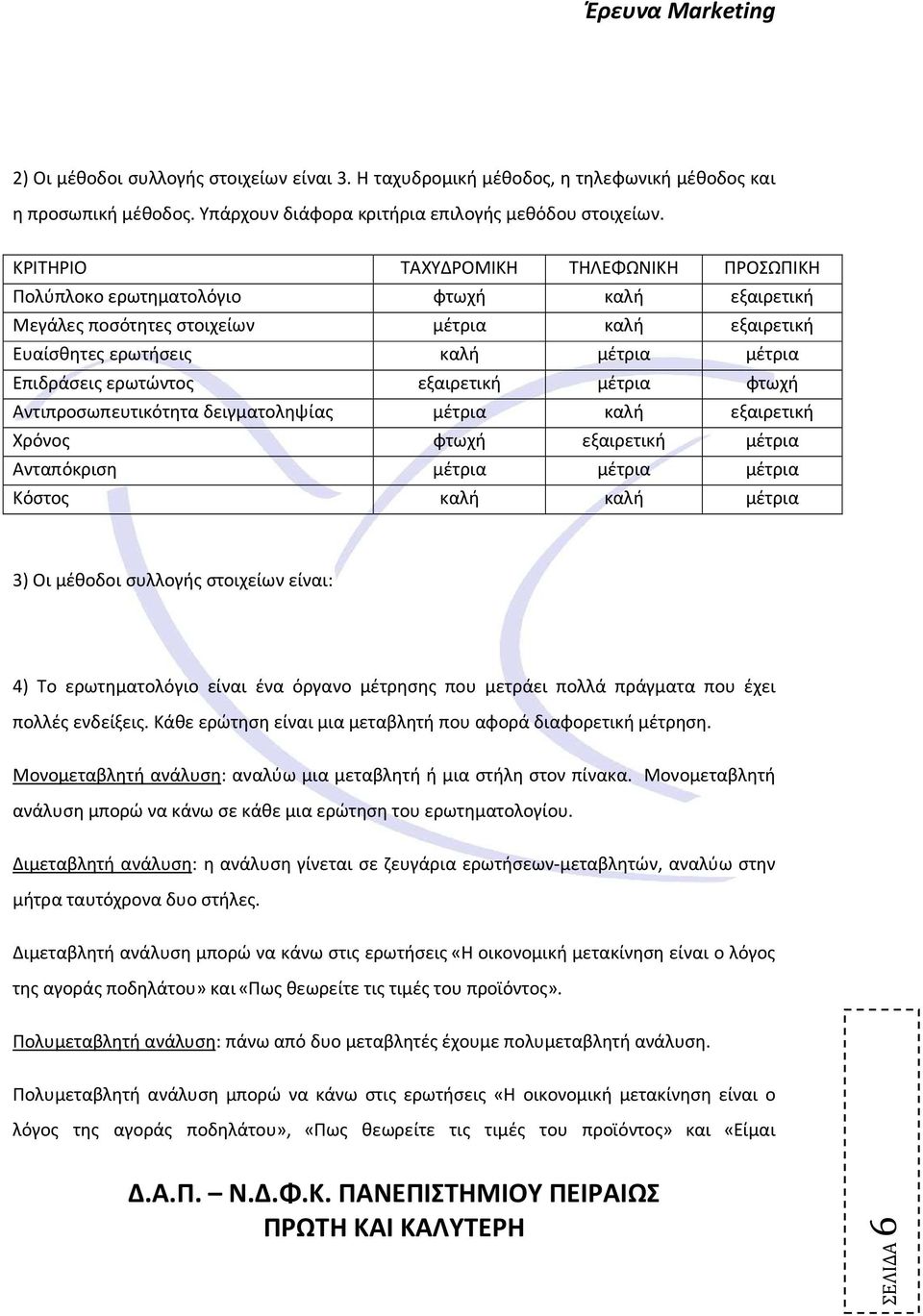 ερωτώντος εξαιρετική μέτρια φτωχή Αντιπροσωπευτικότητα δειγματοληψίας μέτρια καλή εξαιρετική Χρόνος φτωχή εξαιρετική μέτρια Ανταπόκριση μέτρια μέτρια μέτρια Κόστος καλή καλή μέτρια 3) Οι μέθοδοι