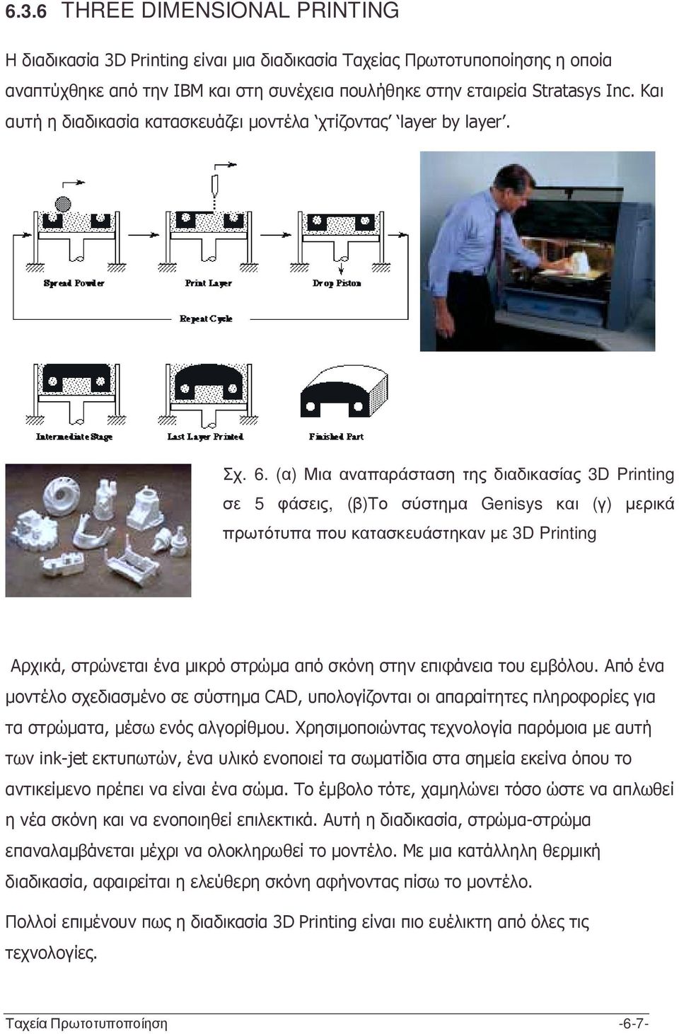 (α) Μια αναπαράσταση της διαδικασίας 3D Printing σε 5 φάσεις, (β)το σύστηµα Genisys και (γ) µερικά πρωτότυπα που κατασκευάστηκαν µε 3D Printing Αρχικά, στρώνεται ένα µικρό στρώµα από σκόνη στην