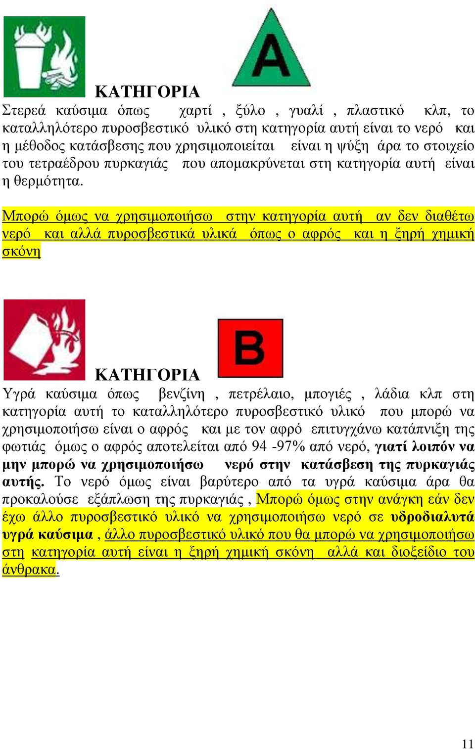 Μπορώ όμως να χρησιμοποιήσω στην κατηγορία αυτή αν δεν διαθέτω νερό και αλλά πυροσβεστικά υλικά όπως ο αφρός και η ξηρή χημική σκόνη KATHΓΟΡΙΑ Υγρά καύσιμα όπως βενζίνη, πετρέλαιο, μπογιές, λάδια κλπ