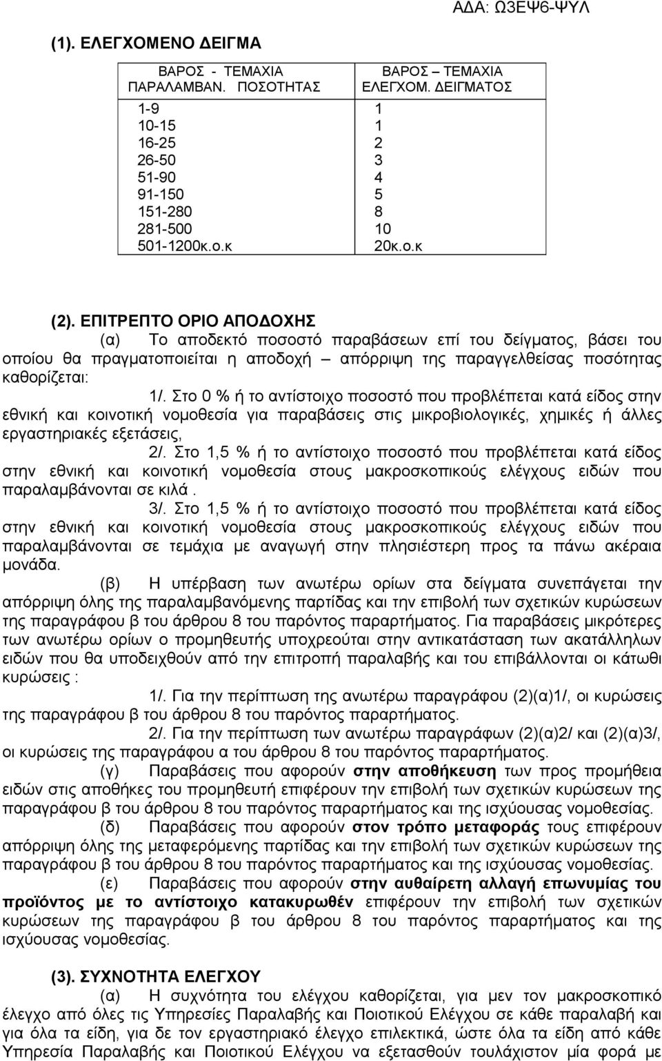 Στο 0 % ή το αντίστοιχο ποσοστό που προβλέπεται κατά είδος στην εθνική και κοινοτική νομοθεσία για παραβάσεις στις μικροβιολογικές, χημικές ή άλλες εργαστηριακές εξετάσεις, 2/.