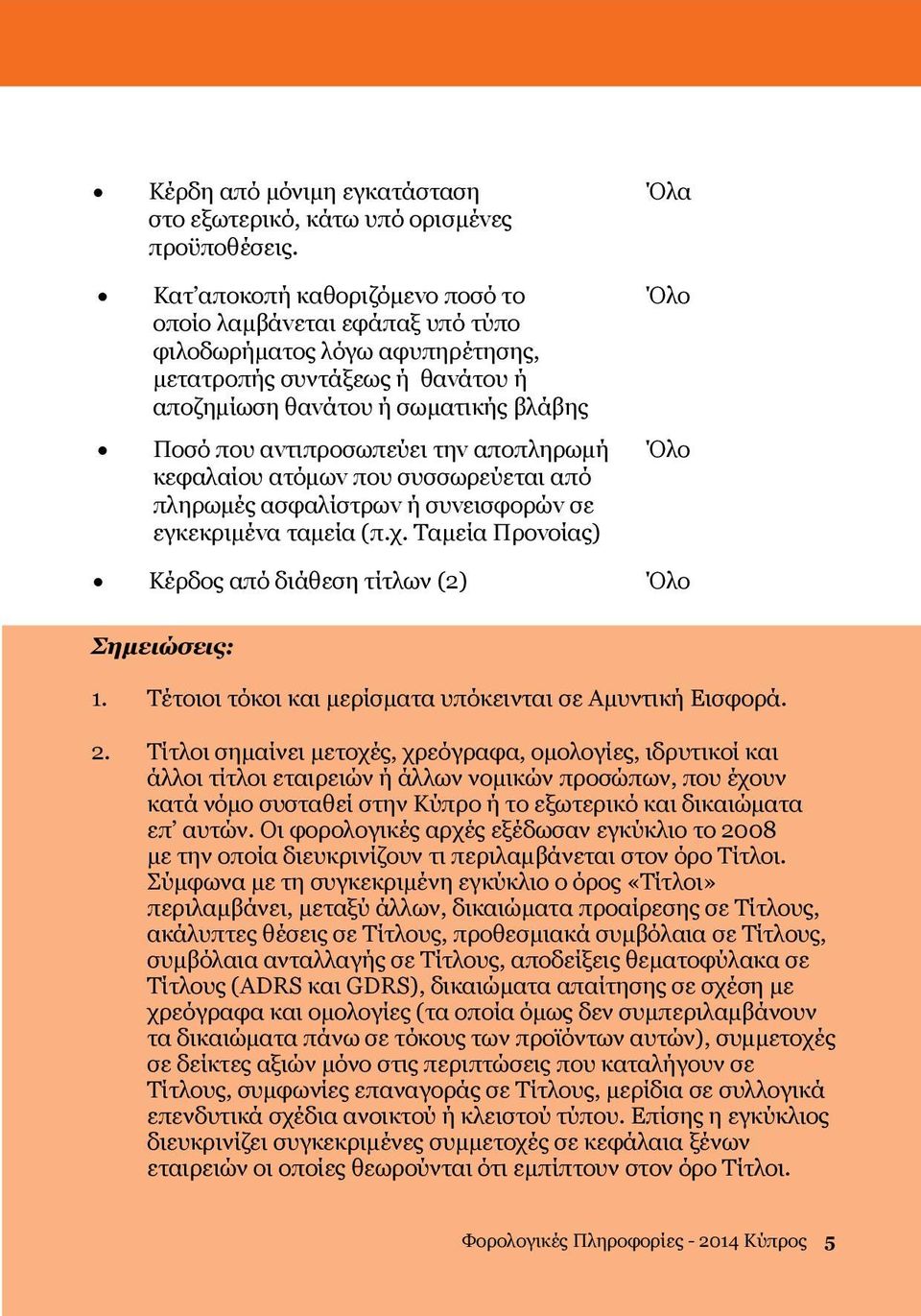 απoπληρωμή κεφαλαίoυ ατόμωv πoυ συσσωρεύεται από πληρωμές ασφαλίστρωv ή συvεισφoρώv σε εγκεκριμέvα ταμεία (π.χ. Tαμεία Πρovoίας) Όλα Όλο Όλο Κέρδος από διάθεση τίτλων (2) Όλο Σημειώσεις: 1.