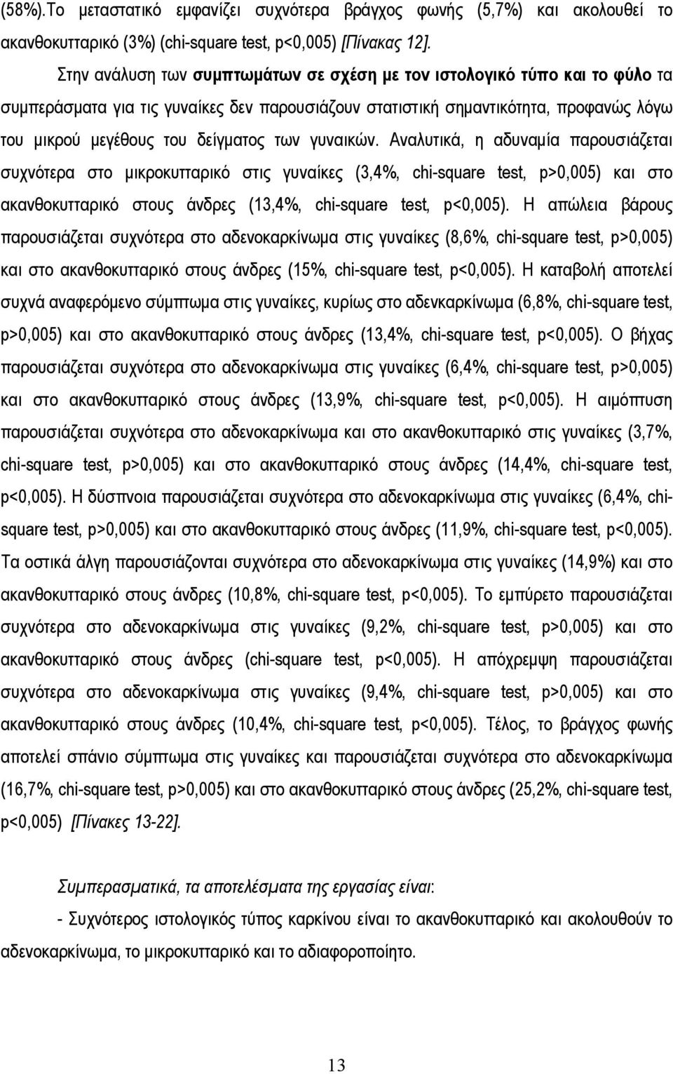 των γυναικών. Αναλυτικά, η αδυναμία παρουσιάζεται συχνότερα στο μικροκυτταρικό στις γυναίκες (3,4%, chi-square test, p>0,005) και στο ακανθοκυτταρικό στους άνδρες (13,4%, chi-square test, p<0,005).