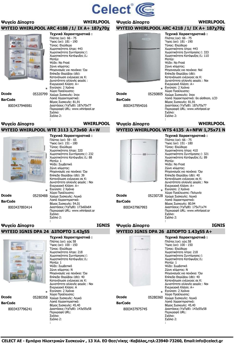 Προέλευσης 05320799 Χρώμα Συσκευής Inox Λοιπά Χαρακτηριστικά Βάρος Συσκευής 81,91 8003437946981 ιαστάσεις (ΥχΠχΒ) 187x70x77 Περιγραφή URL www.whirlpool.