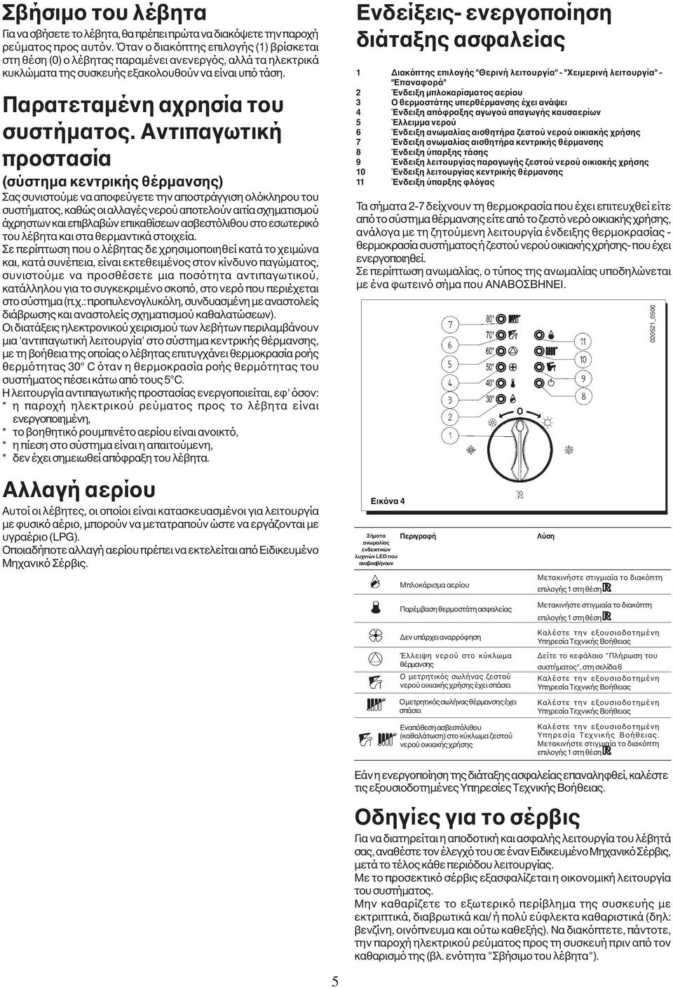 Αντιπαγωτική προστασία (σύστηµα κεντρικής θέρµανσης) Σας συνιστούµε να αποφεύγετε την αποστράγγιση ολόκληρου του συστήµατος, καθώς οι αλλαγές νερού αποτελούν αιτία σχηµατισµού άχρηστων και επιβλαβών