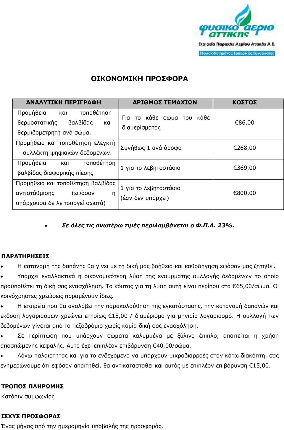 Προµήθεια και τοποθέτηση βαλβίδας διαφορικής πίεσης Προµήθεια και τοποθέτηση βαλβίδας αντιστάθµισης (εφόσον η υπάρχουσα δε λειτουργεί σωστά) Για το κάθε σώµα του κάθε 86,00 διαµερίσµατος Συνήθως 1