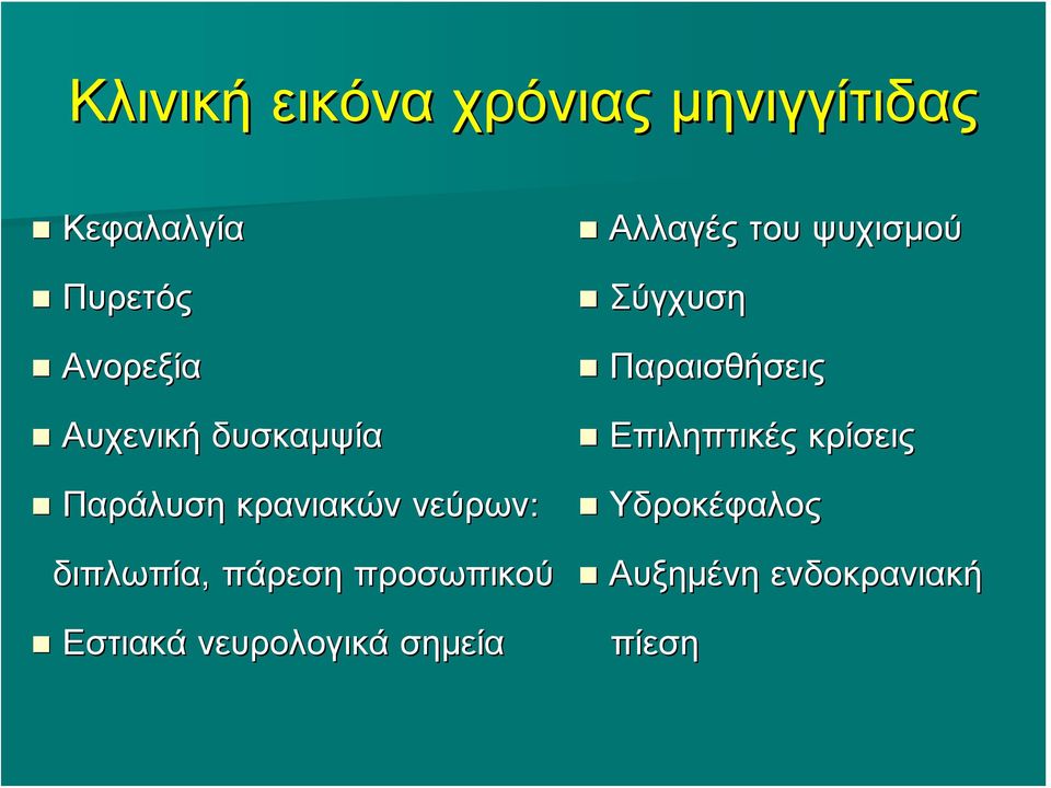 προσωπικού Εστιακά νευρολογικά σημεία Αλλαγές του ψυχισμού Σύγχυση