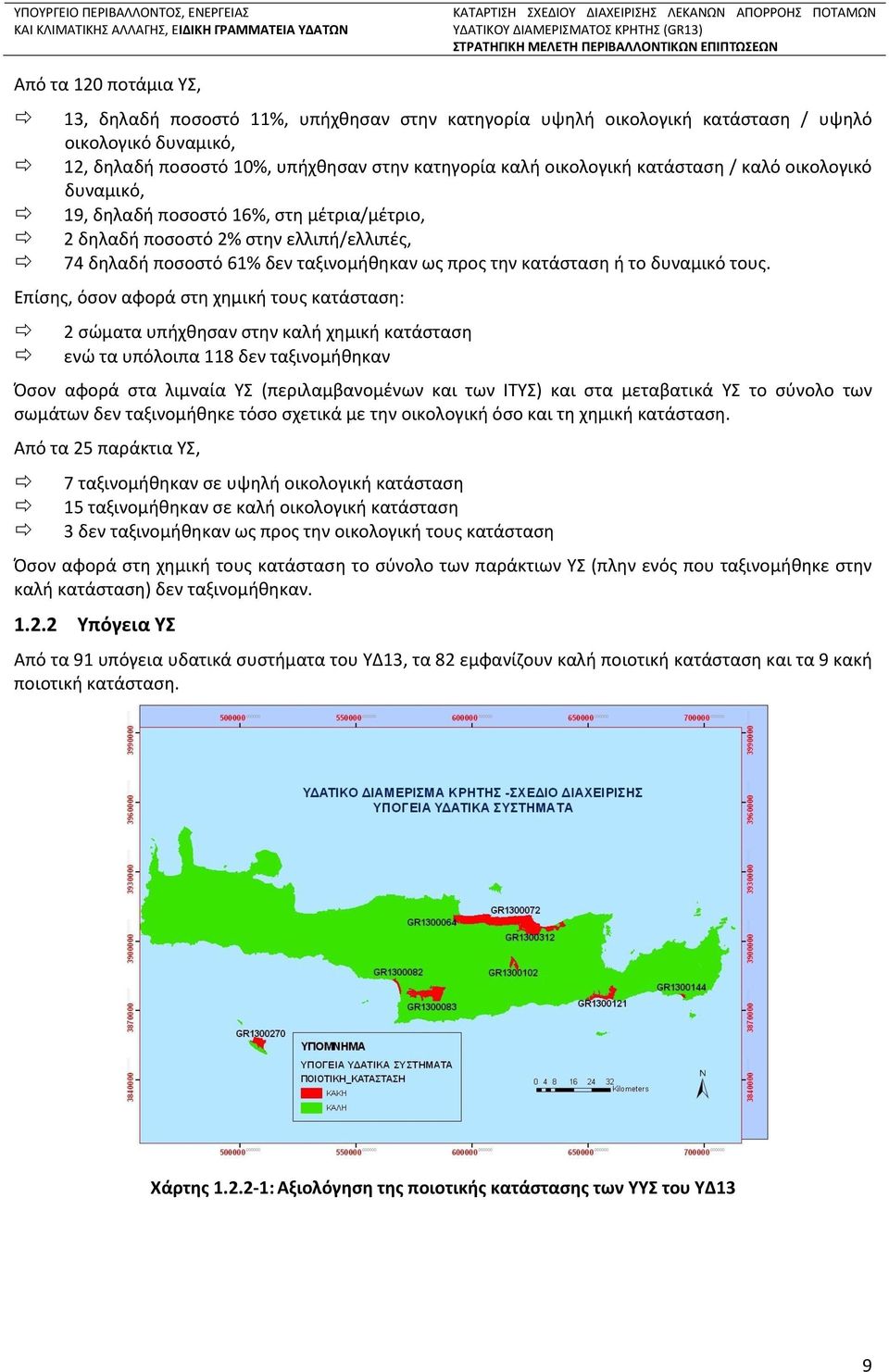 τους. Επίσης, όσον αφορά στη χημική τους κατάσταση: 2 σώματα υπήχθησαν στην καλή χημική κατάσταση ενώ τα υπόλοιπα 118 δεν ταξινομήθηκαν Όσον αφορά στα λιμναία ΥΣ (περιλαμβανομένων και των ΙΤΥΣ) και