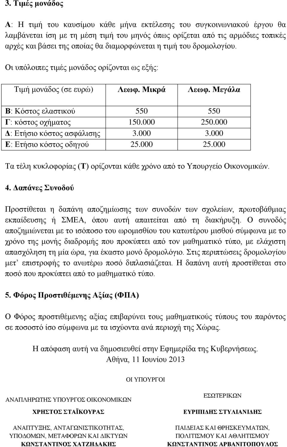 000 Δ: Ετήσιο κόστος ασφάλισης 3.000 3.000 Ε: Ετήσιο κόστος οδηγού 25.000 25.000 Τα τέλη κυκλοφορίας (Τ) ορίζονται κάθε χρόνο από το Υπουργείο Οικονομικών. 4.