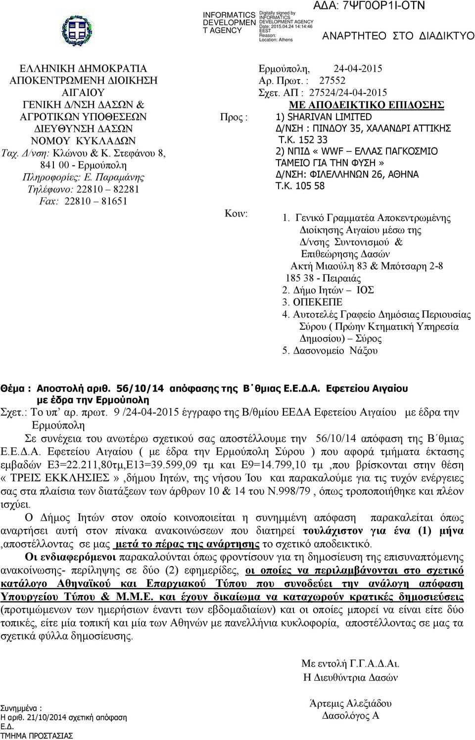 ΑΠ : 27524/24-04-2015 ΜΕ ΑΠΟΔΕΙΚΤΙΚΟ ΕΠΙΔΟΣΗΣ 1) SHARIVAN LIMITED Δ/ΝΣΗ : ΠΙΝΔΟΥ 35, ΧΑΛΑΝΔΡΙ ΑΤΤΙΚΗΣ Τ.Κ. 152 33 2) ΝΠΙΔ «WWF ΕΛΛΑΣ ΠΑΓΚΟΣΜΙΟ ΤΑΜΕΙΟ ΓΙΑ ΤΗΝ ΦΥΣΗ» Δ/ΝΣΗ: ΦΙΛΕΛΛΗΝΩΝ 26, ΑΘΗΝΑ Τ.Κ. 105 58 1.