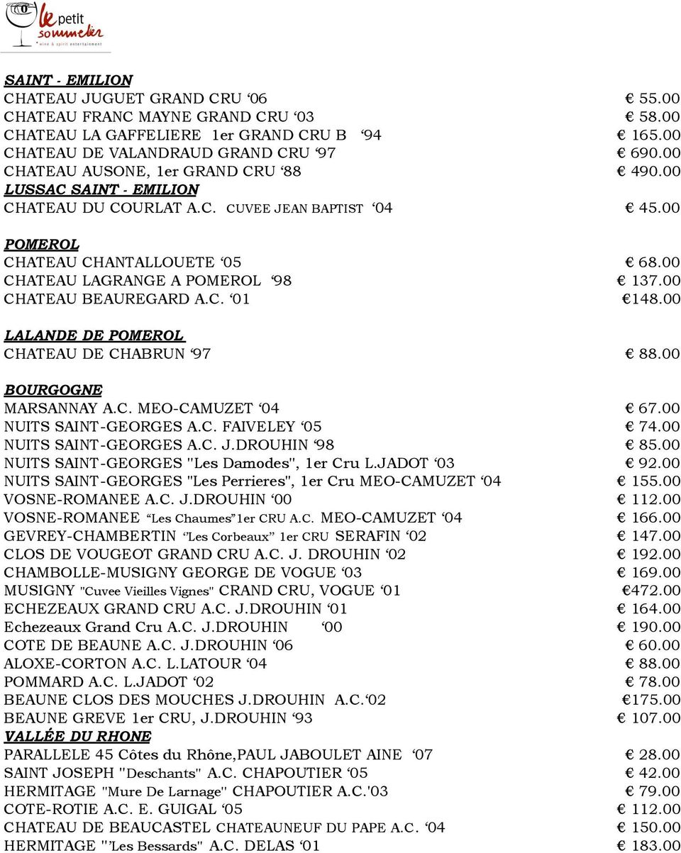 00 CHATEAU BEAUREGARD A.C. 01 148.00 LALANDE DE POMEROL CHATEAU DE CHABRUN 97 88.00 BOURGOGNE MARSANNAY A.C. MEO-CAMUZET 04 67.00 NUITS SAINT-GEORGES A.C. FAIVELEY 05 74.00 NUITS SAINT-GEORGES A.C. J.