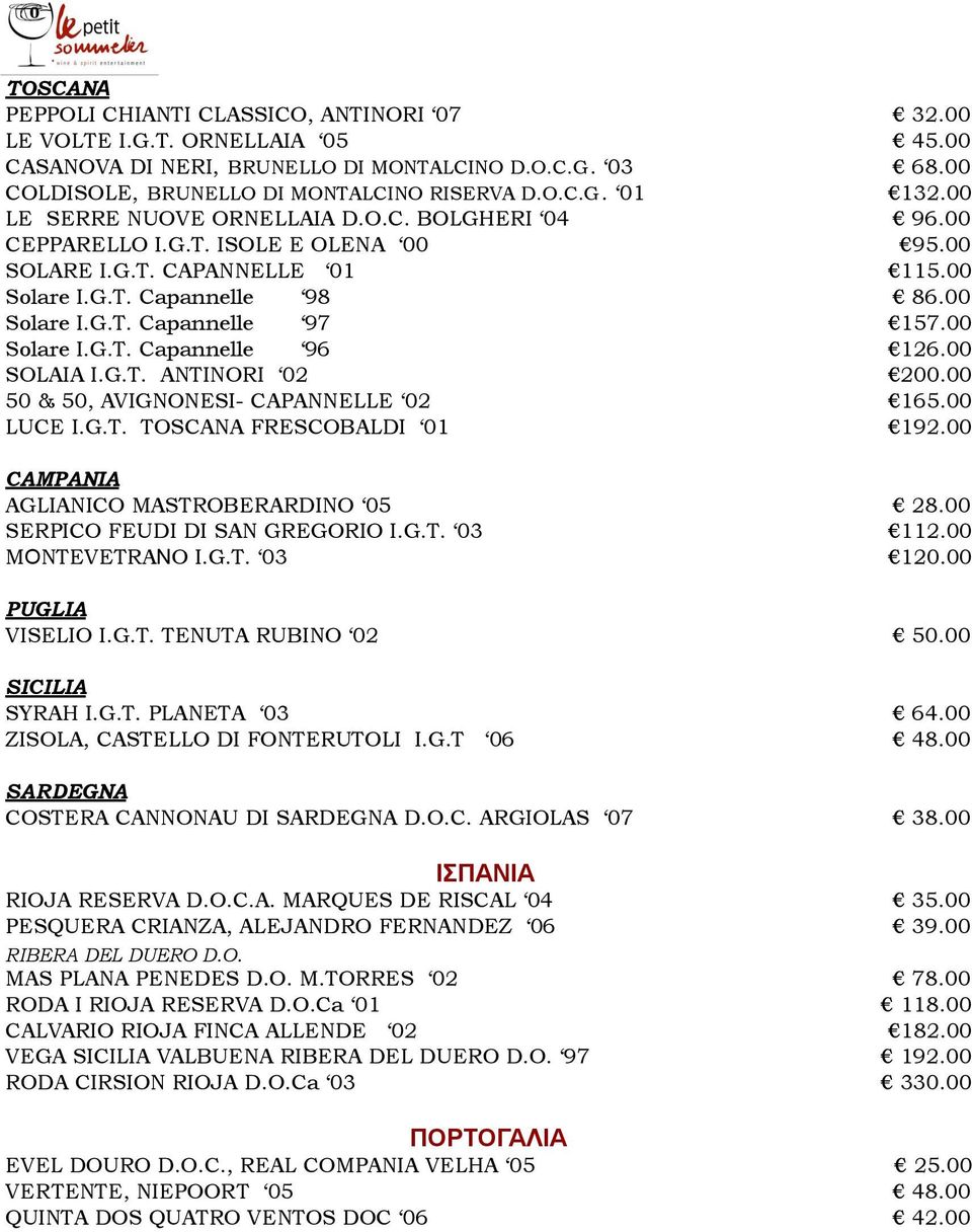 00 Solare I.G.T. Capannelle 96 126.00 SOLAIA I.G.T. ANTINORI 02 200.00 50 & 50, AVIGNONESI- CAPANNELLE 02 165.00 LUCE I.G.T. TOSCANA FRESCOBALDI 01 192.00 CAMPANIA AGLIANICO MASTROBERARDINO 05 28.