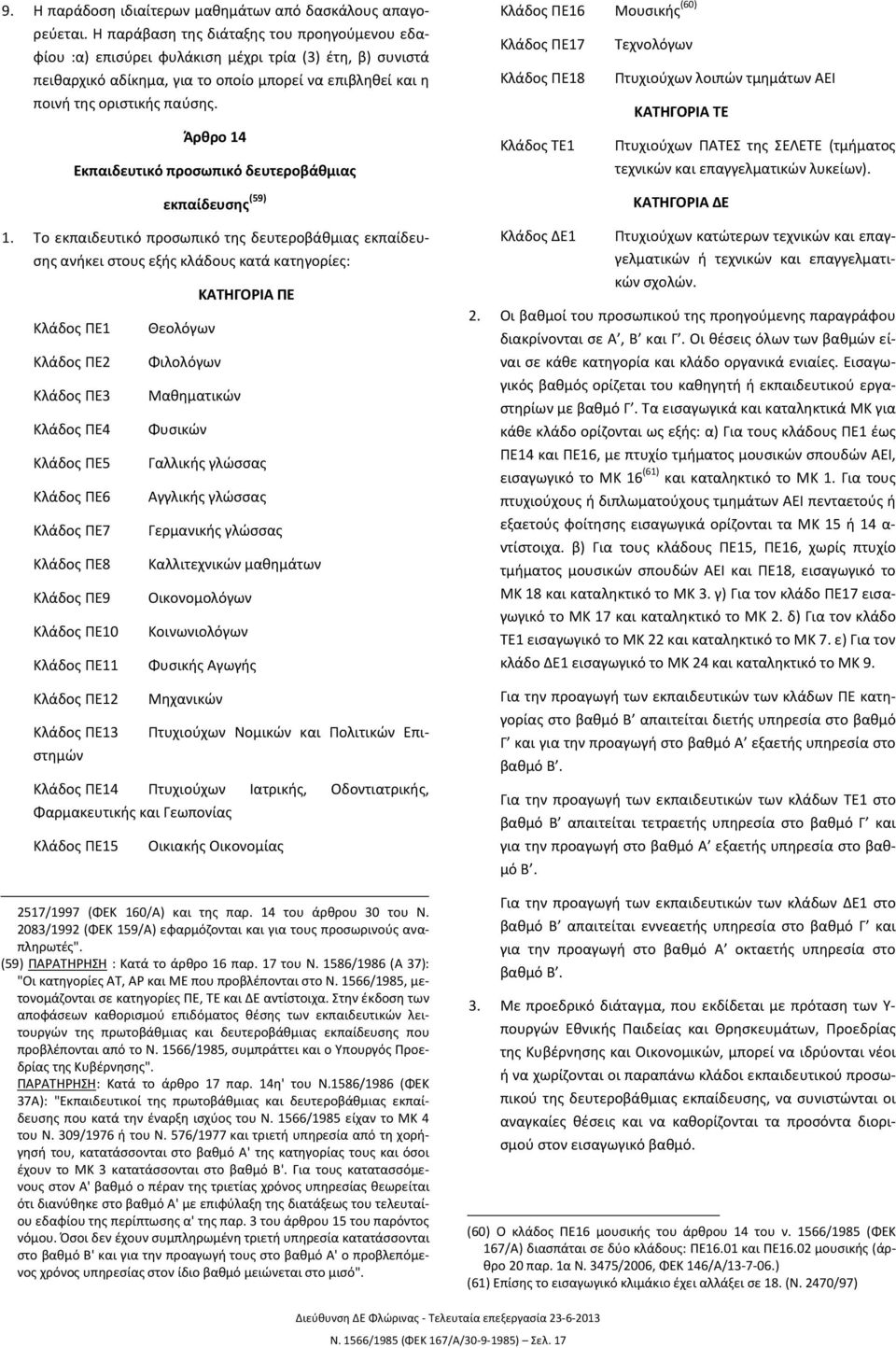 Άρθρο 14 Εκπαιδευτικό προσωπικό δευτεροβάθμιας εκπαίδευσης (59) 1.