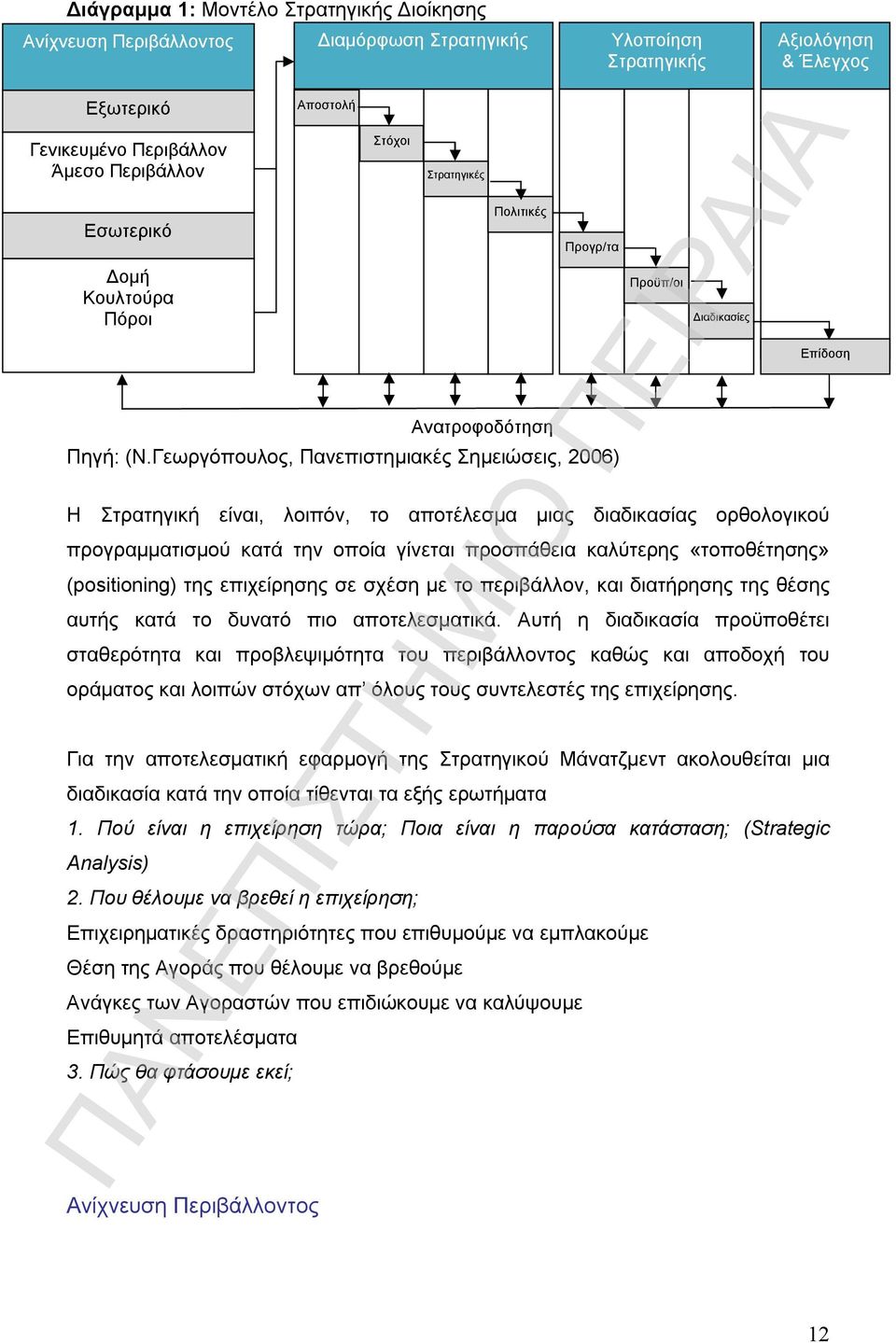 (positioning) της επιχείρησης σε σχέση με το περιβάλλον, και διατήρησης της θέσης αυτής κατά το δυνατό πιο αποτελεσματικά.