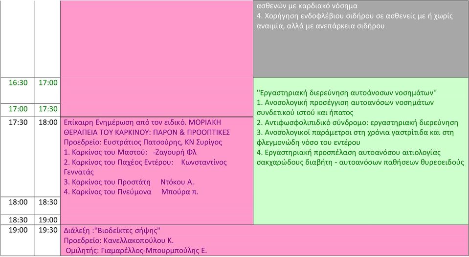 Καρκίνος του Προστάτη Ντόκου Α. 4. Καρκίνος του Πνεύμονα Μπούρα π. 18:00 18:30 ''Εργαστηριακή διερεύνηση αυτοάνοσων νοσημάτων'' 1.