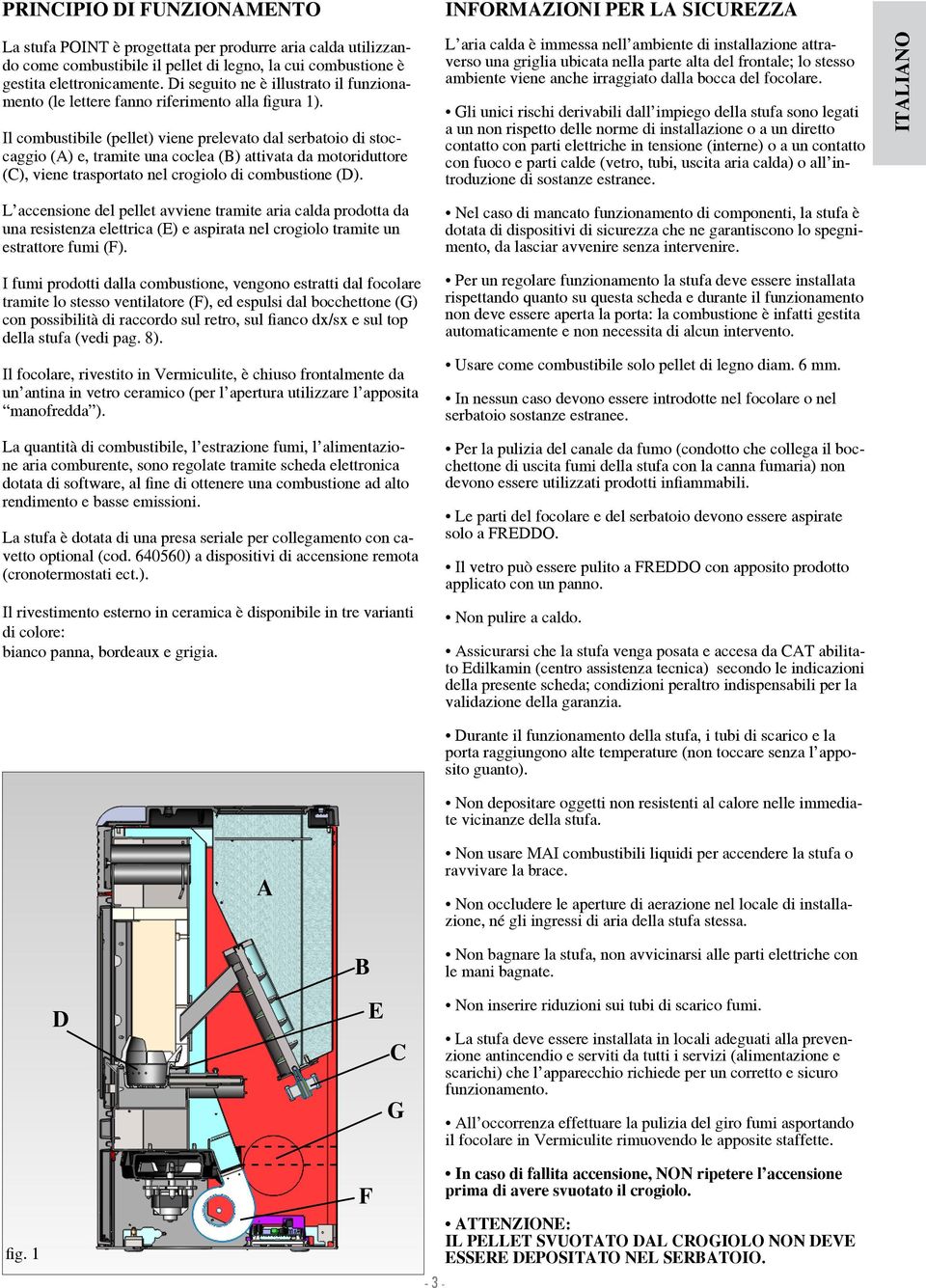 Il combustibile (pellet) viene prelevato dal serbatoio di stoccaggio (A) e, tramite una coclea (B) attivata da motoriduttore (), viene trasportato nel crogiolo di combustie ().