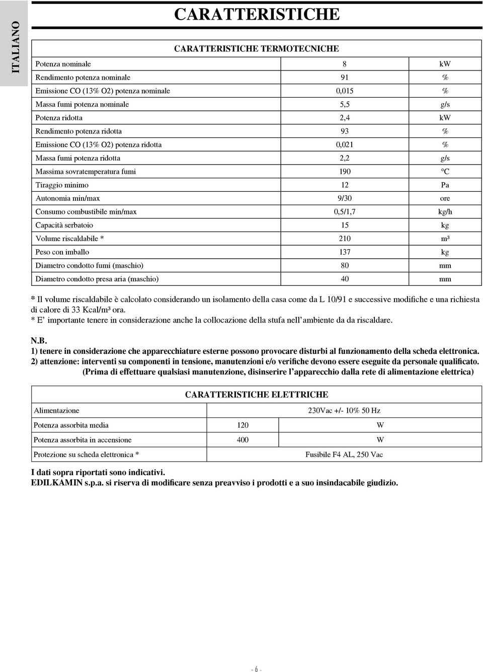 sumo combustibile min/max 0,5/1,7 kg/h apacità serbatoio 15 kg Volume riscaldabile * 210 m³ Peso c imballo 137 kg iametro cdotto fumi (maschio) 80 mm iametro cdotto presa aria (maschio) 40 mm * Il