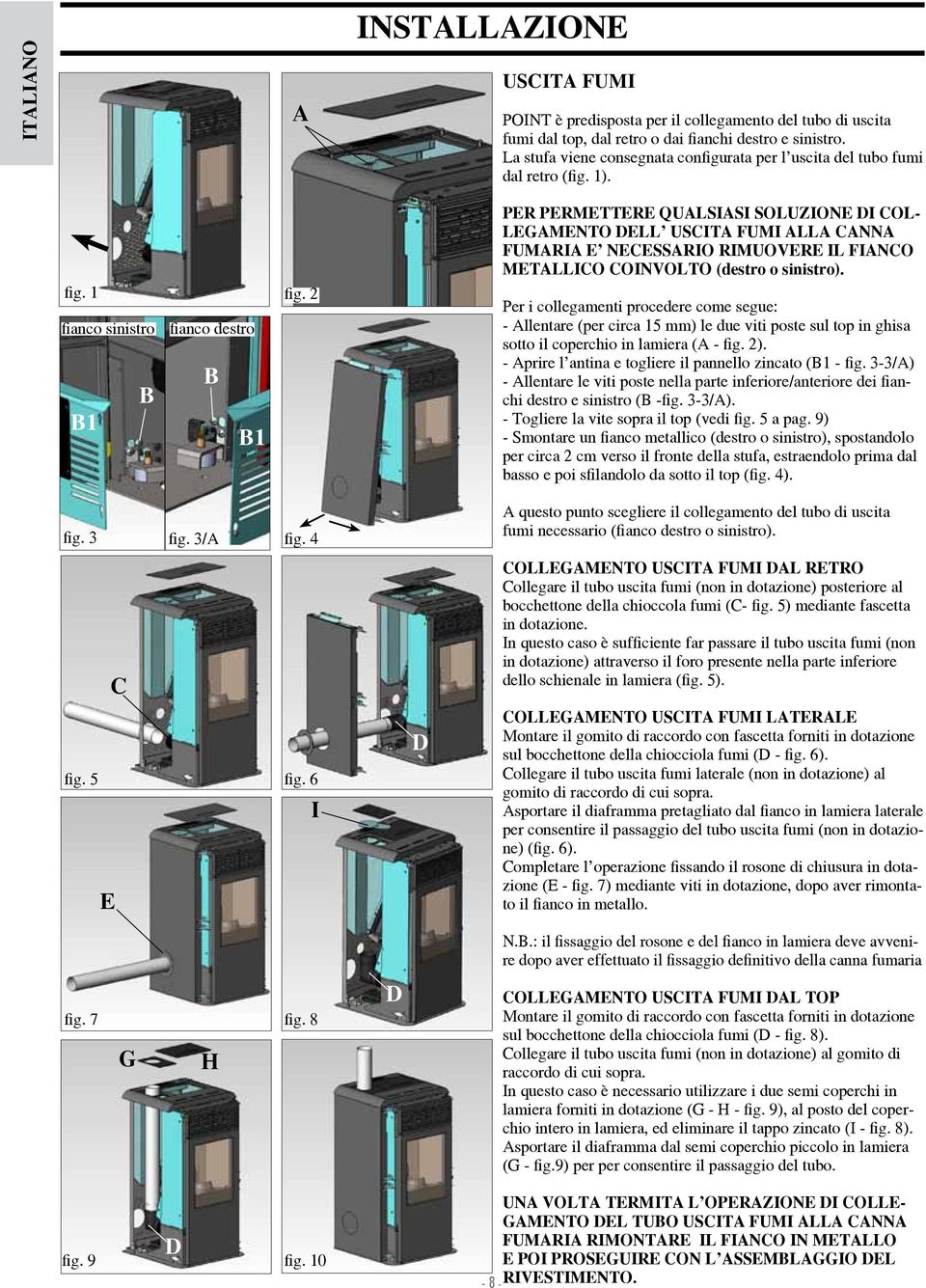 2 fianco sinistro fianco destro B B B1 B1 per permettere qualsiasi SOLUZIONE di collegamento ELL USITA FUMI alla canna fumaria e necessario rimuovere IL fianco metallico OINVOLTO (destro o sinistro).