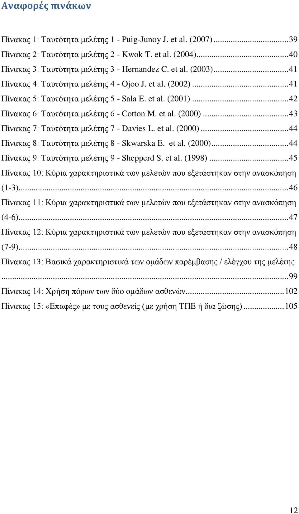 .. 43 Πίλαθαο 7: Σαπηφηεηα κειέηεο 7 - Davies L. et al. (2000)... 44 Πίλαθαο 8: Σαπηφηεηα κειέηεο 8 - Skwarska E. et al. (2000)... 44 Πίλαθαο 9: Σαπηφηεηα κειέηεο 9 - Shepperd S. et al. (1998).